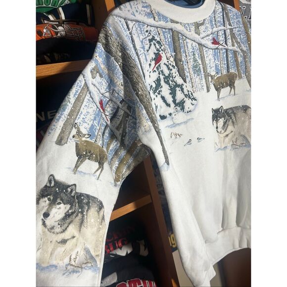 Vintage 90s Snow Taiga Nature Double Neck AOP Sweater - Picture 2 of 5